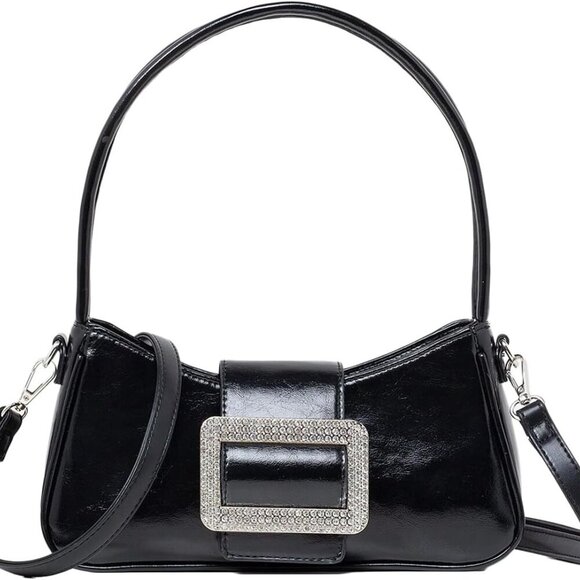 Versatile Black Rhinestone Buckle Shoulder Handbag - Essential Accessory - Picture 1 of 5